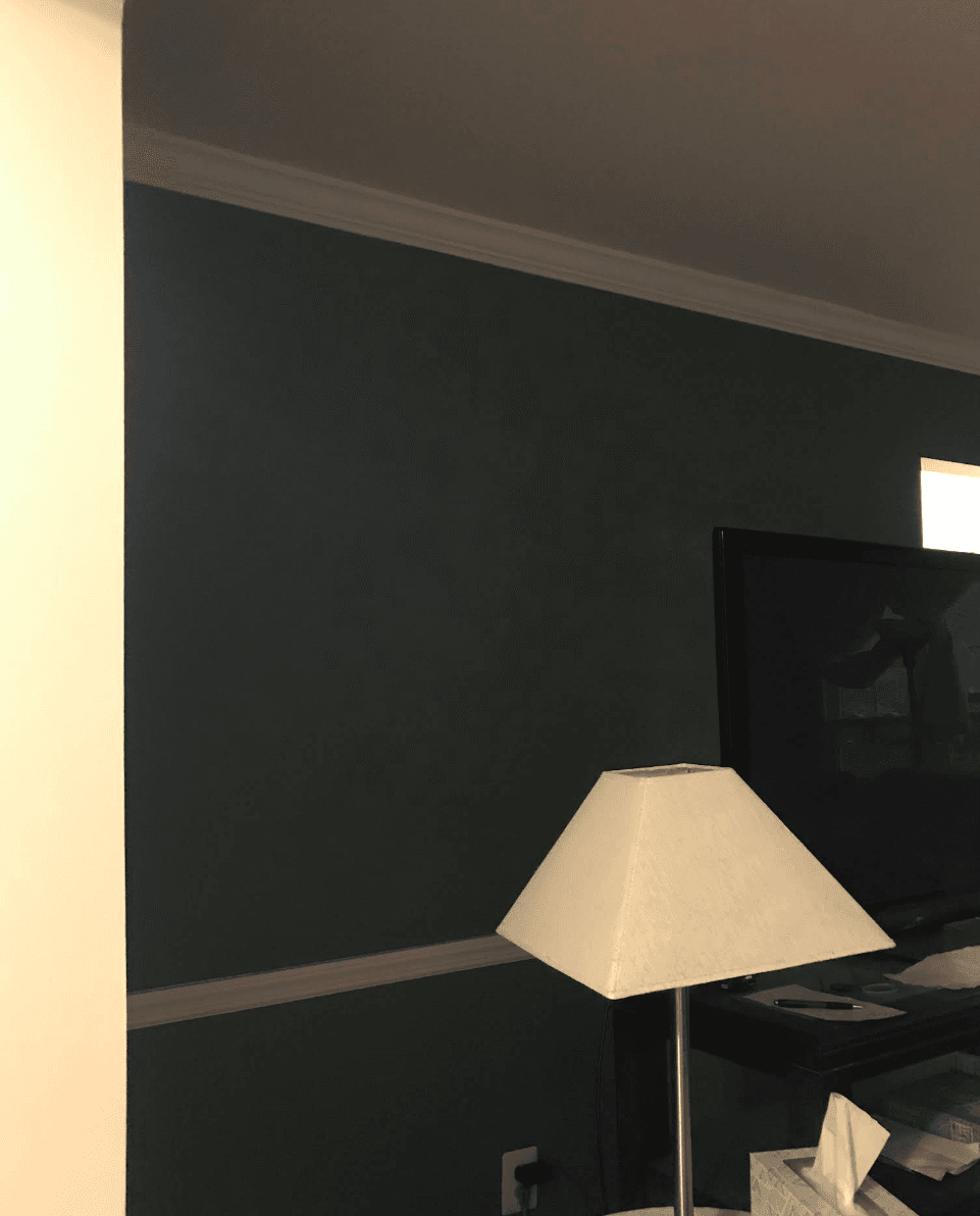 Dark green wall with white crown molding and chair rail, featuring a cream-colored square lampshade.